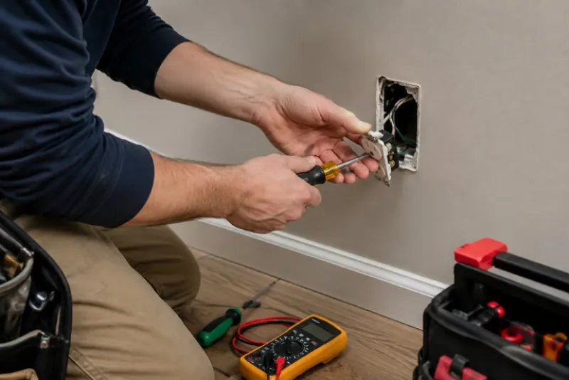 Sähköasentaja asentaa pistorasiaa kodin seinään pienessä sähkötyössä